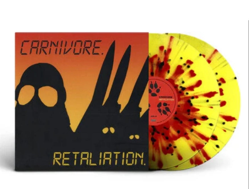 Vinyl record album cover and two translucent records for the band Carnivore's 'Retaliation' release, featuring a black silhouette against an orange-to-yellow gradient cover and yellow records with red and black splatter details.